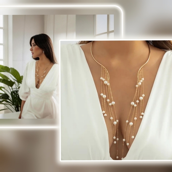 Pearl fringe necklace long open women gold chain jewelry - Picture 4 of 9